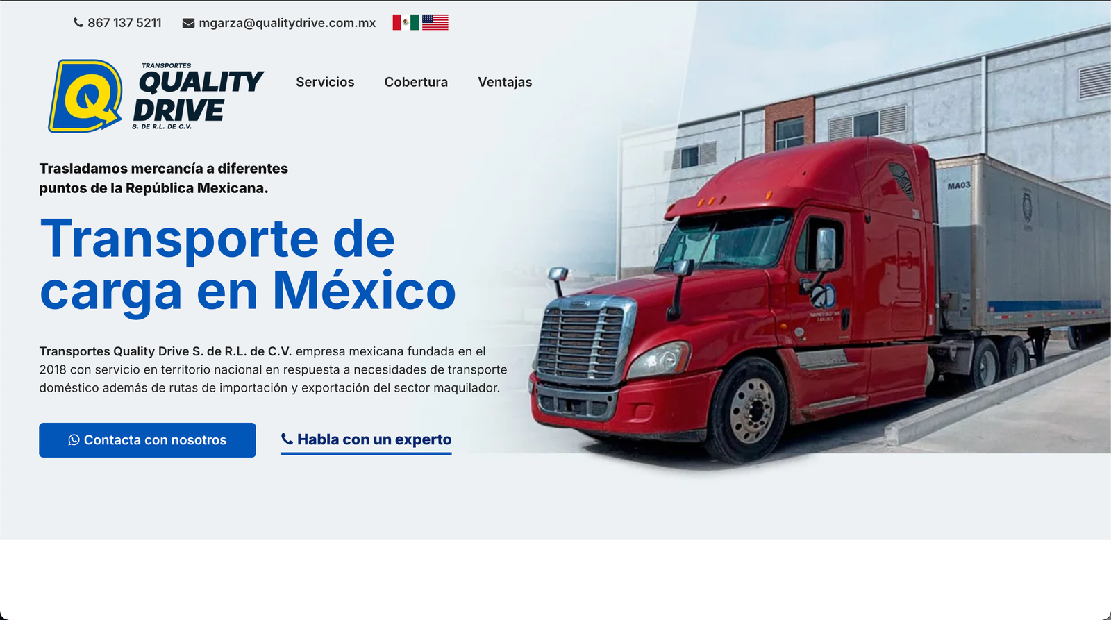 Landing web de Transportes Quality Drive desarrollado por Nuvex